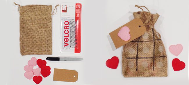 DIY Valentine's Day Tic-Tac-Toe using a hessian bag and VELCRO Brand Thin Dots.