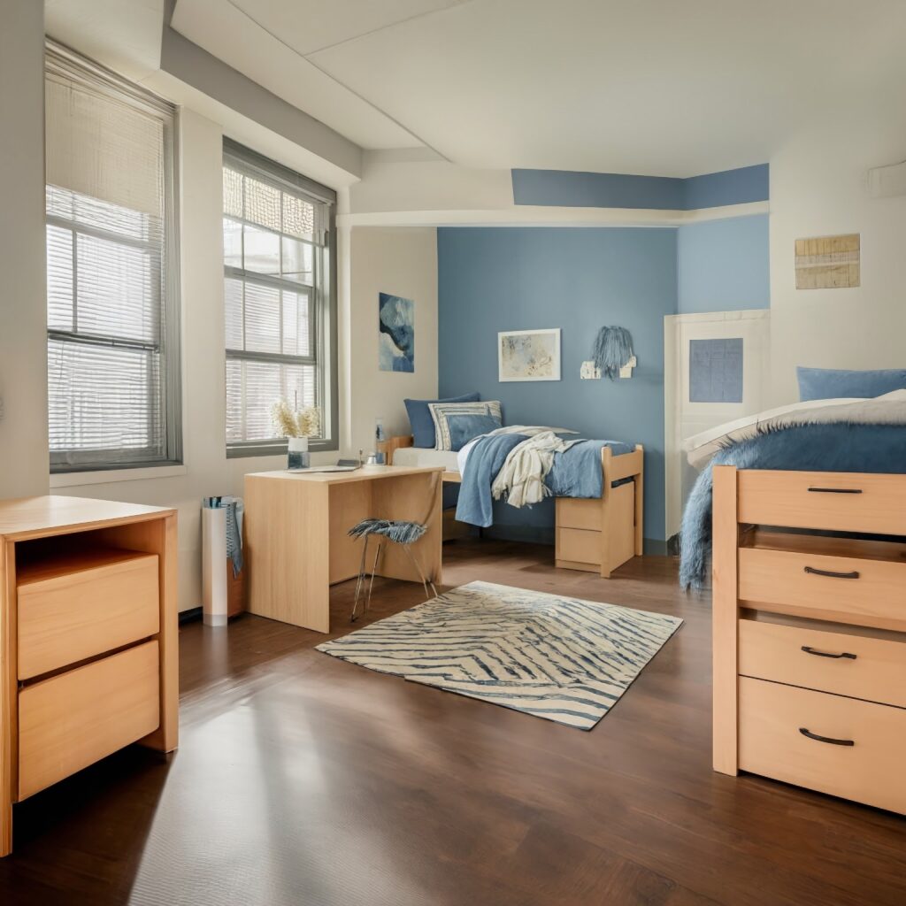 blue Dorm Room with rug